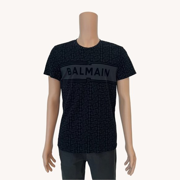 BALMAIN ECO SUSTAINABLE MONOGRAM FLOCK T-SHIRT - NOIR/NOIR - Picture 1 of 6
